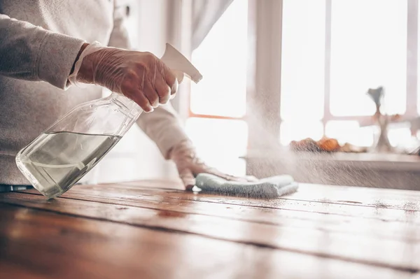 Close Cleaning Home Wood Table Sanitizing Kitchen Table Surface Disinfectant — Stock Photo, Image