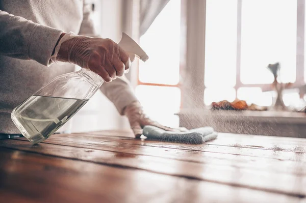 Close Cleaning Home Wood Table Sanitizing Kitchen Table Surface Disinfectant — Stock Photo, Image