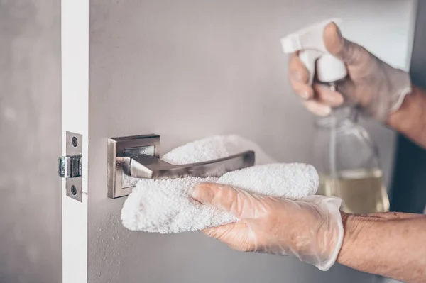 Coronavirus Covid Prevention Cleaning Woman Wiping Doorknob Antibacterial Disinfecting Spray — Stock Photo, Image