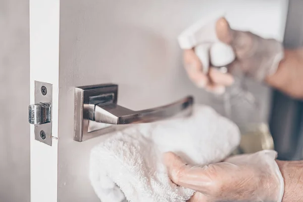 Coronavirus Covid Prevention Cleaning Woman Wiping Doorknob Antibacterial Disinfecting Spray — Stock Photo, Image