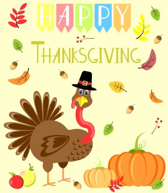 Şapkalı hindi kabaklı ve elmalı. Şükran Günü kartı..