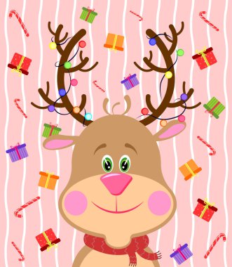 Kırmızı eşarplı şirin geyiğin vektör çizimi. - Evet. Noel kartı. Hediye kutularıyla pembe arkaplan.