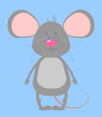 Mavi arka planda şirin gri bir fare. Kartpostal, baskı veya poster için vektör illüstrasyonu.