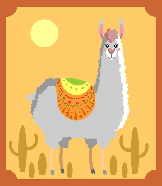 Lama Und Kaktus Auf Orangefarbener Postkarte Kindlicher Druck Plakat Postkarte — Stockvektor