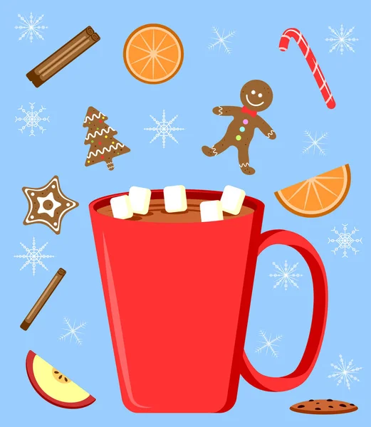 Weihnachtsschokolade Mit Marshmallow Zimt Orange Und Lebkuchen Weihnachts Und Neujahrselemente — Stockvektor