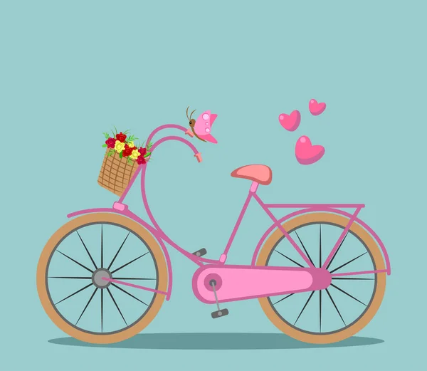 花や蝶のバスケットとピンクの自転車 結婚式のデザイン カード ポスター 印刷やバナーのためのベクトルイラスト — ストックベクタ