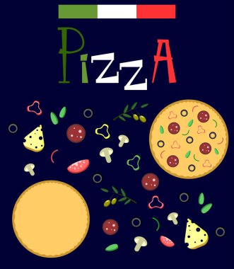 Çizgi film tarzında pizza malzemelerinin vektör seti. Menüde, dükkanda, barda, kartta veya etiketlerde vektör illüstrasyon kullanımı.