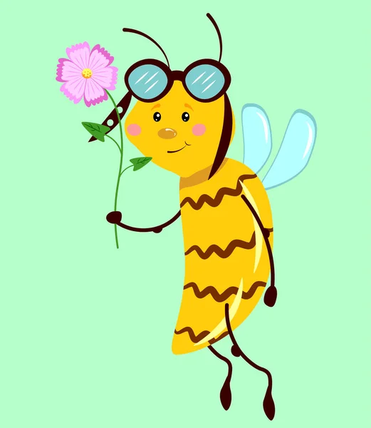 Мультяшная Пчела Цветами Векторная Иллюстрация Детей Печать Открытка Плакат — стоковый вектор