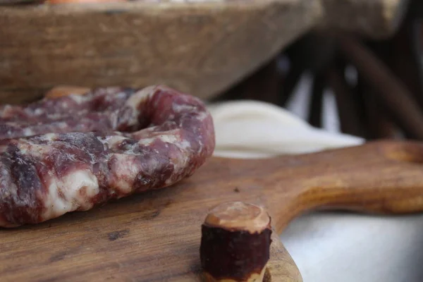 Saucisse Maison Sur Une Planche Bois Avec Espace Pour Texte — Photo