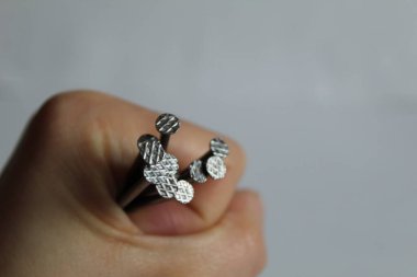 Beyaz arka planda birkaç çiviyi elinde tutuyor.