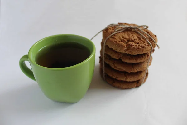 Una Taza Café Con Galletas Avena Caseras Saludables Sobre Fondo — Foto de Stock