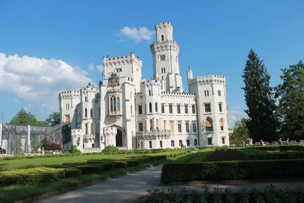 Beyaz Taş Kale Gluboka V Gluboka Güney Bohemya 'daki Vltava nehrinin yukarısında yeşil budanmış çalılar ve çimlerle kaplı bir çim var.
