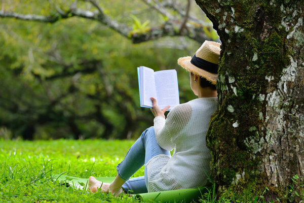 Woman sitting under a tree reading a book in the park