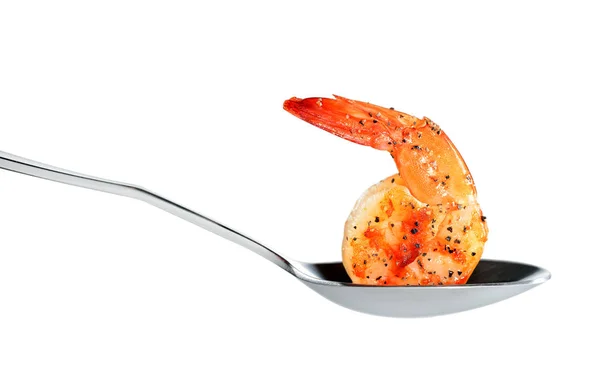 Cooked shrimp on spoon isolated on white background — Stock Photo, Image