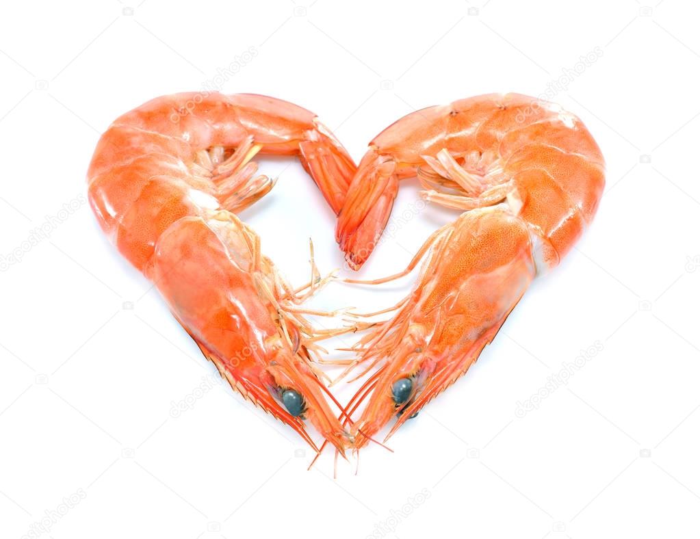 Cooked shrimps,prawns heart shape isolated on white background