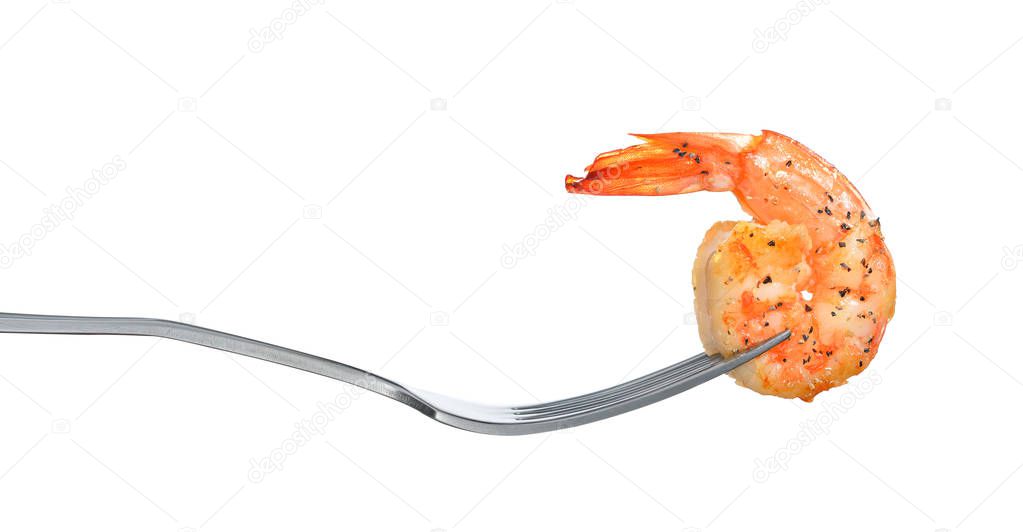 Cooked shrimp,prawn on fork 