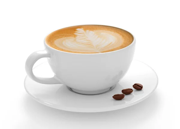 Kopje koffie latte en koffiebonen geïsoleerd op een witte pagina — Stockfoto