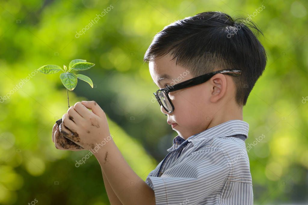 Child holding young plant in hands with a hope of good environment
