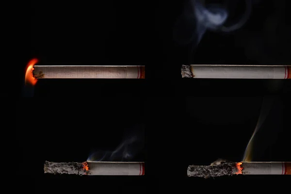 Entzündete und brennende Zigarette mit Rauch auf schwarzem Hintergrund — Stockfoto