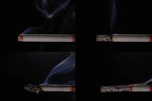 Lit and burning cigarette with smoke on black background — Stock Photo, Image