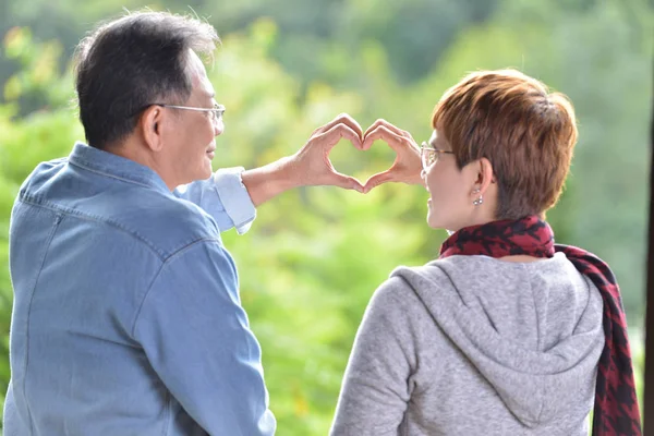 Retrato Pareja Mayor Romántica Feliz Haciendo Forma Corazón Con Las —  Fotos de Stock