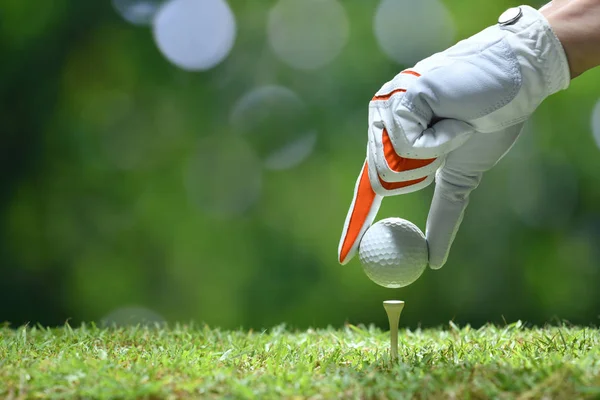 Hand Houden Golfbal Met Tee Golfbaan — Stockfoto