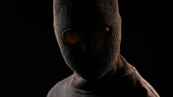 Robber Looking Victim Black Background — Stock Photo, Image