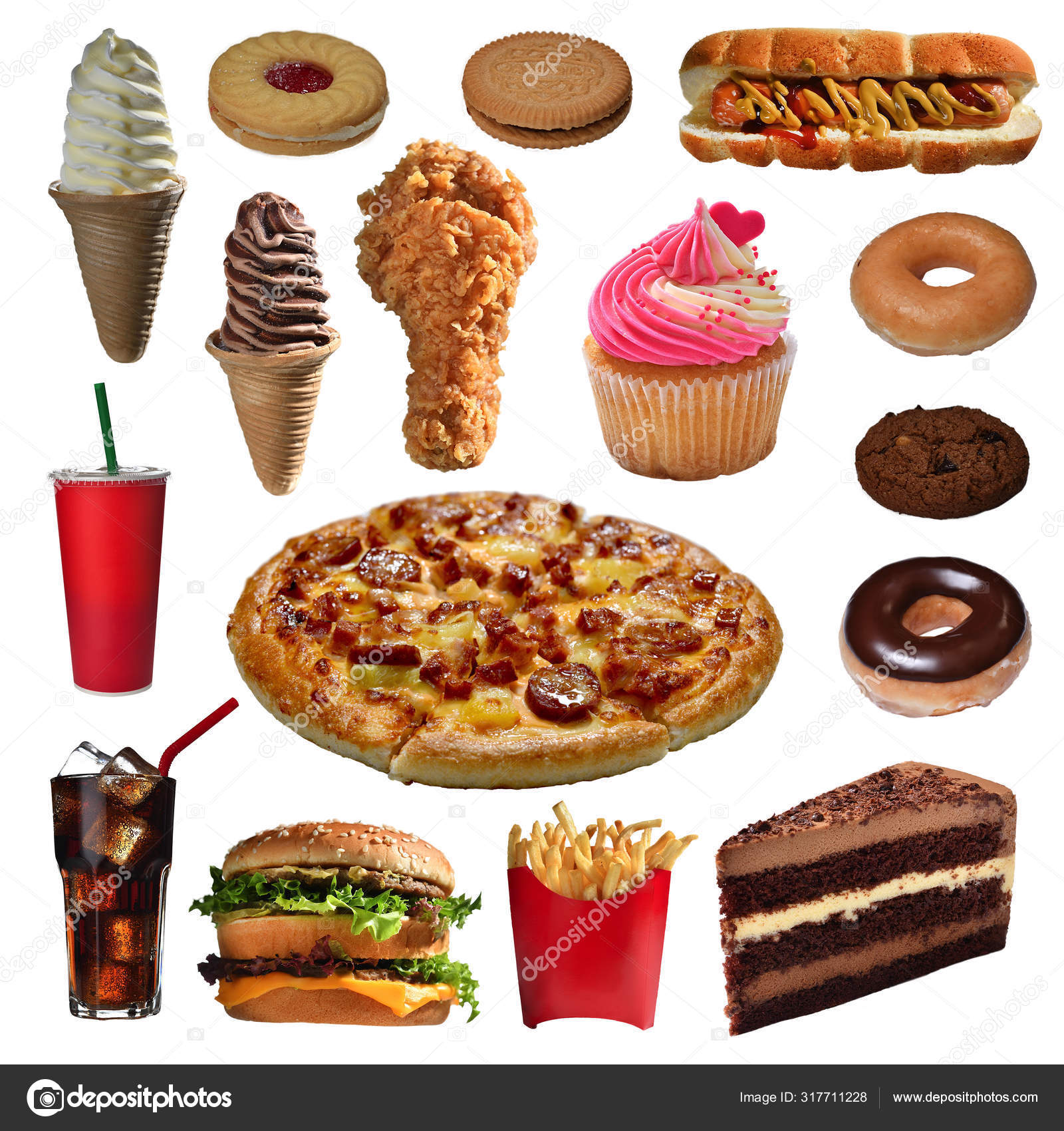 Beyaz Arkaplanda Izole Edilmiş Abur Cubur Çeşitliliği — Stok Foto