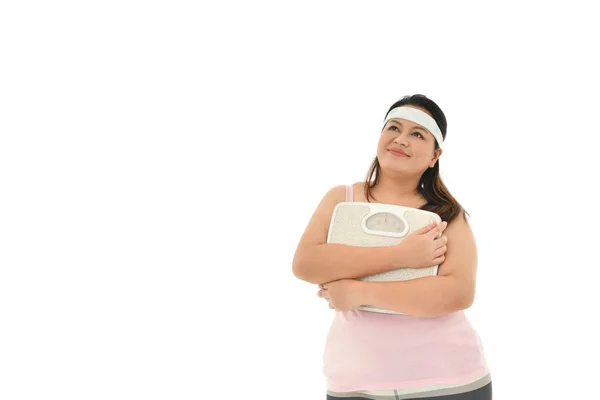 Overgewicht Aziatische Vrouw Met Schaal Geïsoleerd Witte Achtergrond — Stockfoto