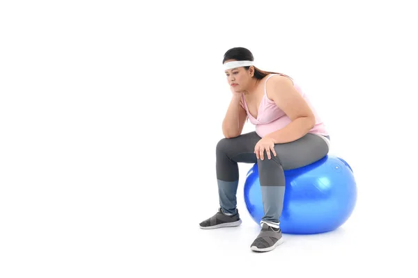 Overweight Asian Woman Sitting Gym Ball Looking Bored Isolated White — Stock Photo, Image