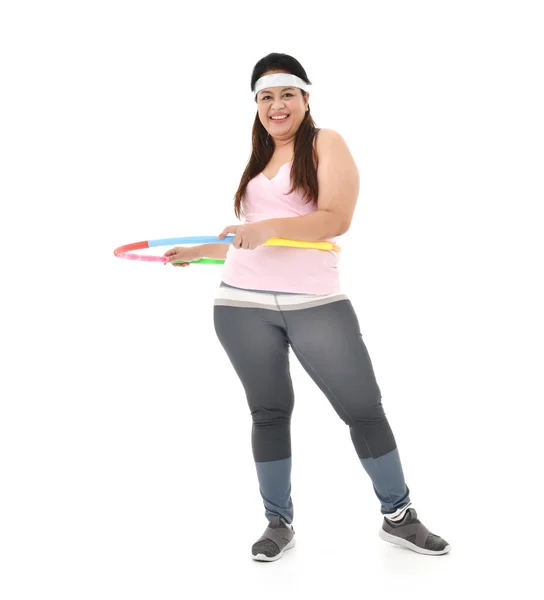 Overgewicht Aziatische Vrouw Oefenen Met Een Hula Hoepel Geïsoleerd Witte — Stockfoto