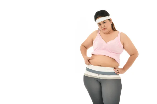 Nadváha Asijské Žena Štípání Břicho Tuk Izolované Bílém Pozadí — Stock fotografie