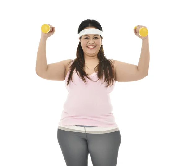 Overgewicht Aziatische Vrouw Oefenen Met Halter Geïsoleerd Witte Achtergrond — Stockfoto