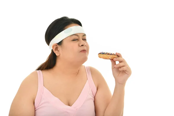 Sobrepeso Mujer Asiática Disfrutar Comiendo Comida Chatarra Aislado Blanco Backgroun —  Fotos de Stock