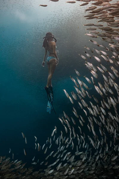 Seksi mayo giymiş genç bir kadın serbest dalış dalgıcı derin bir dalıştan yüzeye çıkıyor..