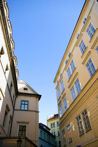Street scene from the Old Town in Prague, bottom view with houses