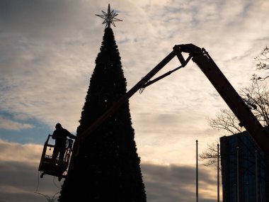 İşçi parktaki Noel ağacını süslüyor.