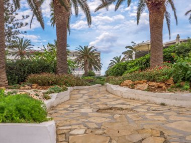 Yol Akdeniz ve Nissi sahillerinden bir otelin beyaz binasına uzanan kayalık fayanslarla döşenmiş. Palmiye ağaçları, çalı çalıları ve yol boyunca büyüyen kırmızı çiçekler..