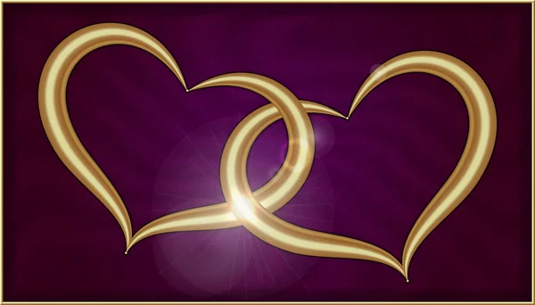 Dos corazones dorados en terciopelo púrpura — Vector de stock