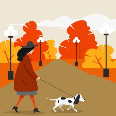 Şehir parkında bir köpekle gezen dış giysili bir kız. Düz karakter, vektör illüstrasyonu.