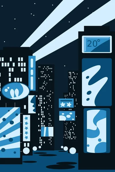 Минималистический Образ Современного Ночного Города Небоскрёбы Рекламные Огни Векторная Иллюстрация — стоковый вектор
