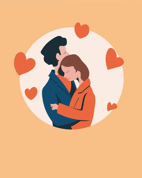 Loving Couple Girl Guy Cuddling Background Hearts Valentine Day Flat — Stock Vector