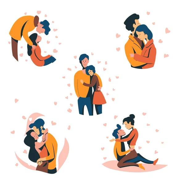 Loving Guys Girls Hug Kiss Background Hearts Set Cards Valentine — Stock Vector