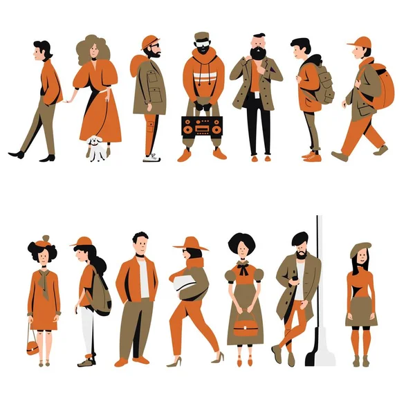 Conjunto Personas Hombres Mujeres Diferentes Poses Pie Caminando Ropa Abrigo — Archivo Imágenes Vectoriales