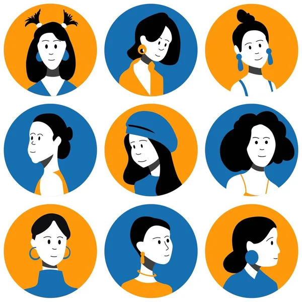 Set Female Faces Flat Vector Characters People Icons Collection — 스톡 벡터
