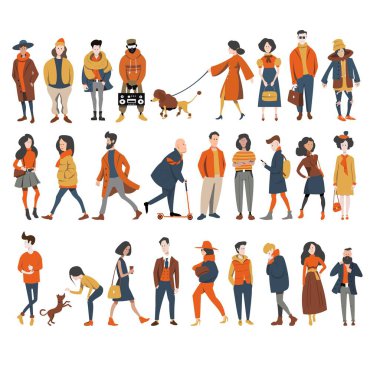 Beyaz arka planda izole edilmiş bir grup insan. Yürümek, köpeklerle yürümek. Farklı ırklar ve giyim tarzları. Düz çizgi film biçimi.