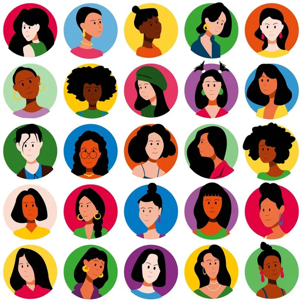 Set People Icons Faces Different Women Different Races Flat Style — 스톡 벡터