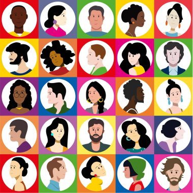 Icon set of portraits of men and women of different ages and different racial backgrounds. Flat vector illustration.