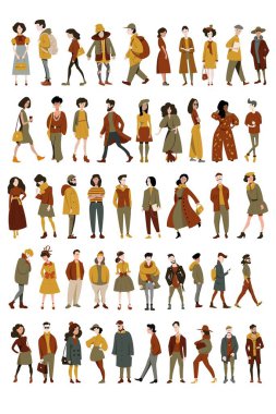 A set of different people, men and women in different clothes, different ages in different poses. A crowd of different flat vector characters.