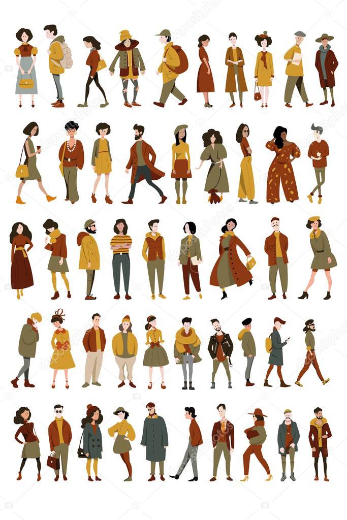 A set of different people, men and women in different clothes, different ages in different poses. A crowd of different flat vector characters.